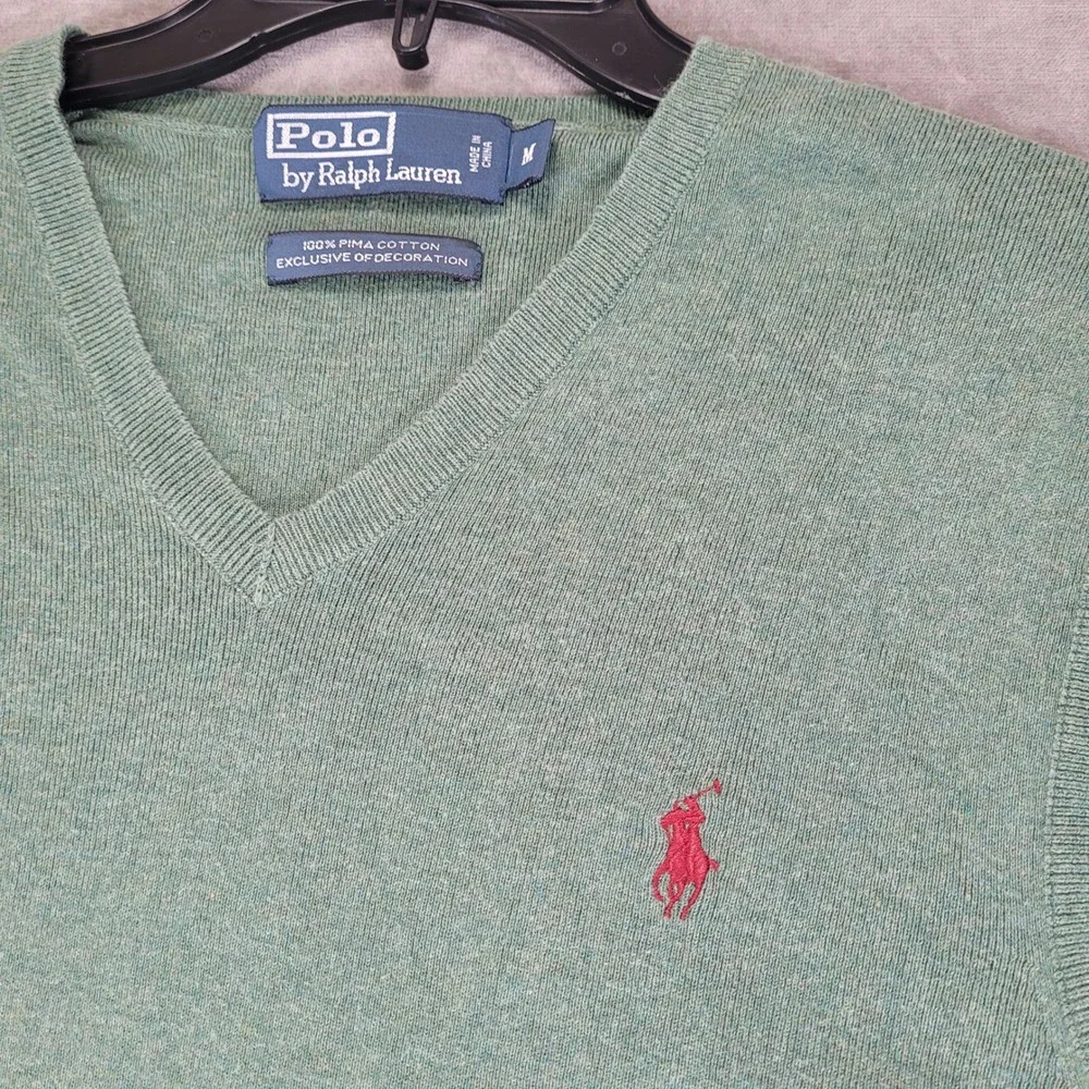 Polo Ralph Lauren Mens Medium Green Pima‎ Cotton V-Neck Sweater Vest Pony Logo
